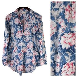 Sundance Top Tunic Shirt Blouse Sz Large Blue Pink Floral Watercolor Cottagecore